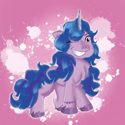 Size: 4000x4000 | Tagged: safe, artist:doraeartdreams-aspy, imported from derpibooru, izzy moonbow, pony, unicorn, abstract background, female, g5, grin, hooves, one eye closed, smiling, solo, wink