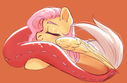 Size: 1500x987 | Tagged: safe, artist:nika-rain, imported from derpibooru, discord, fluttershy, draconequus, pegasus, pony, cute, duo, eyes closed, female, male, offscreen character, orange background, simple background, sketch, smiling, solo focus, tail