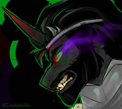 Size: 1218x1080 | Tagged: safe, artist:z0mbiph0bic, imported from derpibooru, king sombra, pony, umbrum, unicorn, beard, blood, bust, crown, facial hair, fangs, jewelry, male, nosebleed, regalia, solo, stallion