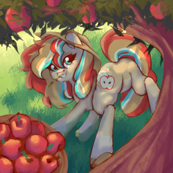 Size: 2000x2000 | Tagged: safe, artist:ariamidnighters, imported from derpibooru, oc, oc only, earth pony, pony, apple, apple tree, applebucking, butt, featureless crotch, female, food, hat, high res, plot, solo, tree