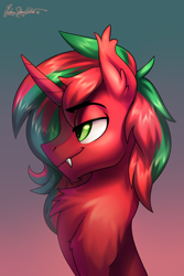 Size: 2000x3000 | Tagged: safe, artist:jedayskayvoker, imported from derpibooru, oc, oc only, oc:ambrosia firehoof, pony, unicorn, bat pony eyes, eyebrows, eyebrows visible through hair, fangs, high res, horn, male, slit eyes, slit pupils, solo, unicorn oc