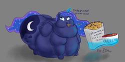 Size: 1280x634 | Tagged: safe, artist:doomlemon, imported from derpibooru, princess luna, alicorn, pony, belly, belly on floor, big belly, bingo wings, butt, chubby cheeks, eating, fat, fat wings, food, french fries, huge belly, huge butt, ketchup, large butt, levitation, magic, moonbutt, morbidly obese, neck roll, obese, princess moonpig, sauce, telekinesis, the ass was fat, thicc ass, wings