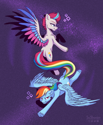 Size: 2319x2816 | Tagged: safe, artist:teaflower300, imported from derpibooru, rainbow dash, zipp storm, pegasus, pony, abstract background, duo, female, flying, g4, g5, high res, mare, spread wings, wings