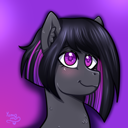 Size: 2000x2000 | Tagged: safe, artist:yumomochan, imported from derpibooru, earth pony, artfight, bust, ear fluff, female, gradient background, gradient mane, high res, mare, portrait, short hair, short mane, smiley face, smiling