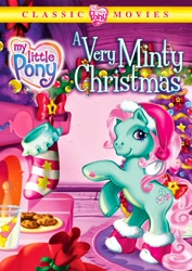 Size: 1059x1500 | Tagged: safe, imported from derpibooru, minty, earth pony, pony, unicorn, a very minty christmas, bipedal, christmas, christmas tree, classic, clothes, cookie, cover art, dvd, female, fireplace, food, g3, hat, holiday, santa hat, shout factory, socks, solo, that pony sure does love socks, tree