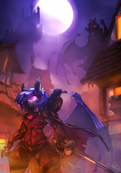 Size: 910x1300 | Tagged: safe, artist:atryl, imported from derpibooru, imported from ponybooru, raven, oc, oc:dusk rhine, oc:midnight measure, anthro, bat pony, bird, raven (bird), undead, vampire, bat pony oc, bat wings, castle, cloak, clothes, fantasy, fantasy class, female, full moon, glowing eyes, leather armor, male, mist, moon, night, rapier, rogue, scenery, sword, weapon, wings