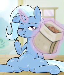 Size: 640x740 | Tagged: safe, alternate version, artist:batipin, imported from derpibooru, trixie, pony, unicorn, chubby, chubby trixie, cinnamon nuts, eating, female, food, glowing horn, herbivore, horn, mare, one eye closed, peanuts, solo