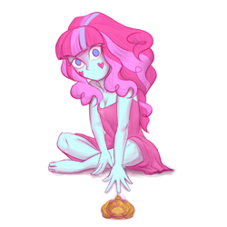 Size: 1800x1800 | Tagged: safe, artist:kul, imported from derpibooru, kiwi lollipop, equestria girls, barefoot, breasts, cleavage, clothes, creepy, crossed legs, dress, feet, k-lo, mouthless, simple background, solo, time twirler