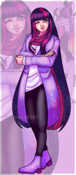 Size: 521x1200 | Tagged: safe, artist:malinraf1615, imported from derpibooru, twilight sparkle, alicorn, human, pony, alternate hairstyle, boots, clothes, coat, female, humanized, jeans, long hair, long mane, mare, nail polish, one eye closed, pants, scarf, shirt, shoes, solo, t-shirt, twilight sparkle (alicorn), wink