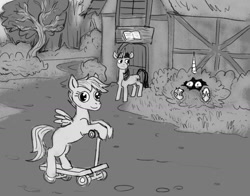 Size: 1280x1002 | Tagged: safe, artist:necromarecy, imported from derpibooru, princess celestia, scootaloo, twilight sparkle, alicorn, pegasus, pony, unicorn, alektorophobia, bush, grayscale, hiding, monochrome, scootachicken, scooter, that princess sure is afraid of chickens, unicorn twilight