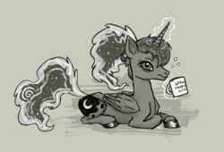 Size: 1082x734 | Tagged: safe, artist:necromarecy, imported from derpibooru, princess luna, alicorn, pony, alternate hairstyle, bags under eyes, lying down, magic, monochrome, mug, ponyloaf, ponytail, prone, solo, telekinesis