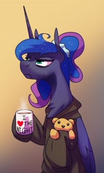 Size: 1004x1658 | Tagged: safe, artist:anticular, imported from derpibooru, princess luna, alicorn, pony, alternate hairstyle, bags under eyes, chest fluff, clothes, coffee mug, female, gradient background, hoodie, mare, mug, sleepy, solo, teddy bear