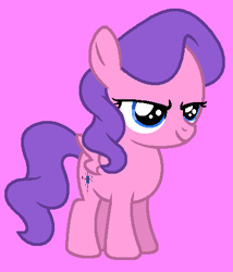 Size: 410x479 | Tagged: safe, artist:kammythepanic, imported from derpibooru, north star, pegasus, pony, female, filly, g1, g1 to g4, g4, generation leap, narrowed eyes, north star (g1), pink background, simple background, smiling, solo