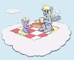 Size: 3396x2776 | Tagged: safe, artist:heretichesh, imported from derpibooru, derpy hooves, dinky hooves, pegasus, pony, unicorn, basket, cloud, cute, derpabetes, dinkabetes, duo, equestria's best daughter, equestria's best mother, eyes closed, female, filly, foal, food, high res, hoof hold, mare, mother and child, mother and daughter, picnic, picnic basket, picnic blanket, sandwich