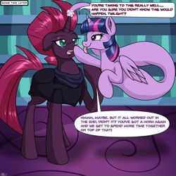 Size: 2000x2000 | Tagged: safe, artist:novaspark, imported from derpibooru, tempest shadow, twilight sparkle, alicorn, genie, genie pony, pony, unicorn, boop, clothes, dialogue, duo, duo female, elongated body, female, fetish, high res, horn, horn vore, post-vore, preylight, tempest gets her horn back, tempred, tongue out, transformation, twilight sparkle (alicorn), vore, willing vore