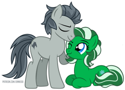 Size: 1200x863 | Tagged: safe, artist:jennieoo, imported from derpibooru, oc, oc:emerald snow, oc:steel mustang, earth pony, pony, couple, kiss on the head, lovers, lying down, show accurate, simple background, transparent background, vector