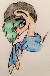 Size: 1764x2657 | Tagged: safe, artist:beamybutt, imported from derpibooru, oc, oc only, earth pony, pony, :p, beanie, bust, clothes, earth pony oc, hat, hoodie, male, signature, smiling, solo, stallion, tongue out, traditional art