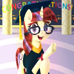 Size: 2000x2000 | Tagged: safe, artist:darksly, imported from derpibooru, moondancer, pony, unicorn, 2021, cute, dancerbetes, diploma, female, glasses, graduation, graduation cap, happy, hat, high res, looking at you, mare, newbie artist training grounds, open mouth, solo