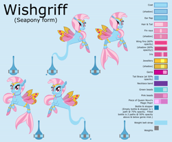 Size: 17280x14329 | Tagged: safe, artist:ethanjacobsyrosca, imported from derpibooru, oc, oc only, oc:wishgriff, genie, sea pony, seapony (g4), absurd resolution, blue background, bottle, bracelet, circlet, clothes, female, gold, jewelry, leggings, looking at you, not silverstream, redesign, reference sheet, simple background, smiling, solo, vector, wing jewelry