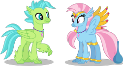 Size: 8603x4639 | Tagged: safe, artist:ethanjacobsyrosca, imported from derpibooru, oc, oc only, oc:bottlegriff, oc:wishgriff, classical hippogriff, genie, hippogriff, absurd resolution, bottle, bracelet, brother and sister, circlet, clothes, female, fraternal twins, hippogriff oc, jewelry, leggings, male, not silverstream, not terramar, shadow, siblings, simple background, transparent background, vector, wing jewelry