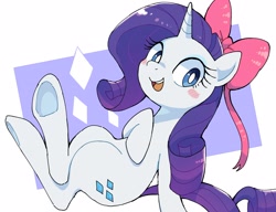 Size: 2537x1947 | Tagged: safe, artist:nendo, imported from derpibooru, rarity, pony, unicorn, blush sticker, blushing, bow, cute, looking at you, open mouth, open smile, raribetes, simple background, smiling, solo, underhoof, white background