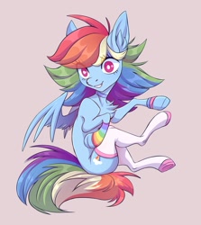 Size: 2061x2307 | Tagged: safe, artist:1an1, imported from derpibooru, rainbow dash, pegasus, pony, clothes, leg warmers, smiling, socks, solo, spread wings, striped socks, thigh highs, underhoof, wings