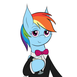 Size: 1357x1357 | Tagged: safe, artist:wapamario63, imported from ponybooru, rainbow dash, pegasus, pony, bowtie, clothes, drink, drinking glass, female, gentlemare, glass, lidded eyes, looking at you, mare, simple background, smiling, solo, transparent background, tuxedo