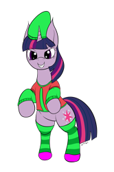 Size: 1135x1713 | Tagged: safe, artist:wapamario63, imported from ponybooru, twilight sparkle, pony, unicorn, beanie, bipedal, clothes, female, hat, hoof shoes, looking at you, mare, scunt, shirt, simple background, smiling, socks, solo, team fortress 2, thigh highs, transparent background