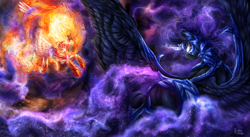 Size: 2000x1099 | Tagged: safe, artist:raychelrage, imported from derpibooru, daybreaker, nightmare moon, alicorn, pony, duo, epic, ethereal mane, female, fight, galaxy mane, glowing eyes, glowing horn, horn, mane of fire, mare, signature, spread wings, wings