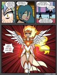 Size: 1614x2122 | Tagged: safe, artist:banquo0, imported from derpibooru, daybreaker, princess celestia, queen chrysalis, human, alternate universe, armor, clothes, comic, dark skin, dialogue, humanized, now you fucked up, silhouette, surprised, text, winged humanization, wings
