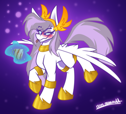 Size: 2580x2336 | Tagged: safe, artist:adilord, imported from derpibooru, oc, oc only, oc:athena (shawn keller), pegasus, pony, alcohol, armor, blushing, cup, drunk, drunk bubbles, eyebrows, eyebrows visible through hair, female, go home you're drunk, guardians of pondonia, headdress, high res, hoof shoes, jewelry, magic, mare, necklace, pegasus oc, purple background, simple background, smiling, solo, tongue out, wavy mouth, wings