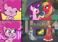 Size: 1053x759 | Tagged: safe, edit, edited screencap, imported from derpibooru, screencap, big macintosh, marble pie, pinkie pie, sugar belle, earth pony, pony, unicorn, hearthbreakers, my little pony: pony life, the big mac question, spoiler:pony life s02e06, spoiler:pony life s02e20, female, fire, fireplace, g4.5, little miss fortune, male, marblemac, pinkie pie is not amused, pony life, shipping, straight, sugarmac, the tiara of truth, unamused