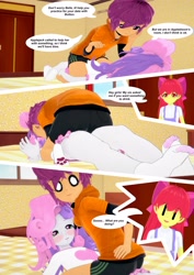 Size: 2897x4096 | Tagged: safe, artist:legions20, imported from derpibooru, apple bloom, scootaloo, sweetie belle, equestria girls, 3d, clothes, comic, cute, feet, female, implied shipping, implied straight, implied sweetiemash, kissing, koikatsu, lesbian, lying down, scootabelle, shipping, socks, surprised