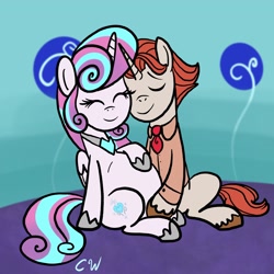 Size: 2048x2048 | Tagged: safe, artist:chelseawest, imported from derpibooru, princess flurry heart, oc, oc:silk tie, alicorn, pony, unicorn, canon x oc, eyes closed, female, high res, horn, male, mare, older, older flurry heart, petalverse, pregnant, shipping, smiling, stallion, stallion oc, straight, unicorn oc