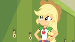 Size: 3410x1920 | Tagged: safe, imported from derpibooru, screencap, applejack, equestria girls, equestria girls series, holidays unwrapped, spoiler:eqg series (season 2), applejack's hat, belt, clothes, cowboy hat, cute, cutie mark, cutie mark on clothes, denim skirt, female, geode of super strength, hand on hip, hands on hip, hat, high res, jackabetes, jewelry, lockers, magical geodes, necklace, o come all ye squashful, skirt, smiling, solo