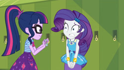 Size: 3410x1920 | Tagged: safe, imported from derpibooru, screencap, rarity, sci-twi, twilight sparkle, equestria girls, equestria girls series, holidays unwrapped, spoiler:eqg series (season 2), bowtie, bracelet, cellphone, clothes, cutie mark, cutie mark on clothes, duo, duo female, female, geode of shielding, geode of telekinesis, glasses, hairpin, jewelry, lockers, magical geodes, necklace, o come all ye squashful, phone, ponytail, rarity peplum dress, shrunken pupils, smartphone, smiling