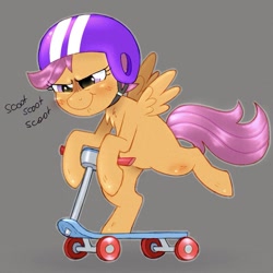 Size: 861x861 | Tagged: safe, artist:mclovin, imported from derpibooru, scootaloo, pegasus, pony, bipedal, blushing, female, filly, gray background, helmet, scooter, simple background, smiling, smirk, solo