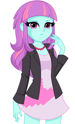 Size: 837x1388 | Tagged: safe, artist:rosemile mulberry, imported from derpibooru, sunny flare, equestria girls, adoraflare, alternate hairstyle, clothes, cute, dress, female, frown, jacket, jewelry, long hair, looking at you, necklace, raised eyebrow, simple background, solo, solo female, sunny flare is principal cinch's daughter/relative, white background