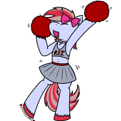 Size: 1000x1000 | Tagged: safe, artist:skydreams, imported from derpibooru, oc, oc only, oc:cinnamon lightning, unicorn, bell, belly button, bipedal, bow, cheerleader, cheerleader outfit, chest fluff, clothes, collar, crossdressing, femboy, fillydelphia institute of technology, male, patreon, patreon reward, pom pom, short shirt, simple background, skirt, stallion, unshorn fetlocks, white background