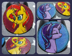 Size: 3200x2500 | Tagged: safe, artist:megabait, imported from derpibooru, starlight glimmer, sunset shimmer, oc, pony, craft, handmade, high res, wood, wooden magnet