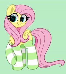 Size: 3110x3494 | Tagged: safe, artist:kittyrosie, imported from derpibooru, fluttershy, pegasus, pony, blushing, clothes, cute, daaaaaaaaaaaw, female, green background, high res, mare, redraw, shyabetes, simple background, socks, solo, striped socks, wingding eyes