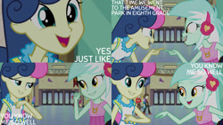 Size: 1280x720 | Tagged: safe, edit, edited screencap, editor:quoterific, imported from derpibooru, screencap, bon bon, lyra heartstrings, sandalwood, sweetie drops, all's fair in love and friendship games, equestria girls, friendship games, adorabon, canterlot high, cute, duo focus, female, lesbian, looking at each other, lyrabetes, lyrabon, male, open mouth, open smile, pointing, shipping, smiling, smiling at each other