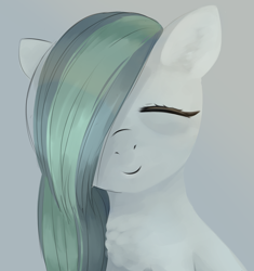 Size: 1500x1593 | Tagged: safe, artist:some_ponu, imported from derpibooru, marble pie, earth pony, pony, bust, cute, eyes closed, gray background, hair over one eye, marblebetes, portrait, simple background, smiling, solo