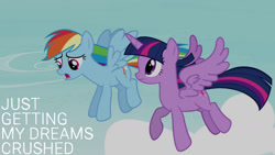 Size: 1280x720 | Tagged: safe, edit, edited screencap, editor:quoterific, imported from derpibooru, screencap, rainbow dash, twilight sparkle, alicorn, pegasus, pony, season 4, testing testing 1-2-3, female, flying, mare, open mouth, twilight sparkle (alicorn), wings