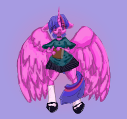 Size: 2511x2349 | Tagged: safe, artist:dn0, imported from derpibooru, twilight sparkle, alicorn, anthro, book, clothes, colored sketch, floppy ears, high res, shirt, simple background, skirt, solo, twilight sparkle (alicorn), worried