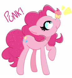 Size: 1917x2077 | Tagged: safe, artist:kindakismet, imported from derpibooru, pinkie pie, earth pony, pony, balancing, cupcake, cute, diapinkes, food, ponies balancing stuff on their nose, ponk, profile, simple background, smiling, solo, white background