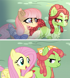 Size: 1274x1422 | Tagged: safe, artist:xxcheerupxxx, imported from derpibooru, screencap, fluttershy, tree hugger, earth pony, pegasus, pony, make new friends but keep discord, season 5, alternate design, female, looking at each other, mare, open mouth, open smile, scene interpretation, screencap reference, smiling, smiling at each other