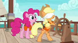 Size: 1920x1076 | Tagged: safe, imported from derpibooru, screencap, applejack, pinkie pie, earth pony, pony, ppov, season 6, applejack's hat, bipedal, blindfold, cowboy hat, duo, duo female, female, hat, lifejacket, open mouth, ship, steering wheel, surprised