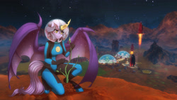 Size: 1280x721 | Tagged: safe, artist:pony straponi, artist:st. oni, imported from derpibooru, oc, oc only, oc:nebula eclipse, anthro, bat pony, 16:9, bat pony oc, bat wings, commission, crossover, game, mars, plant, rocket, screenshot background, solo, space, spacesuit, stars, surviving mars, wings