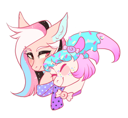 Size: 1300x1200 | Tagged: safe, artist:lavvythejackalope, imported from derpibooru, oc, oc only, oc:sugar pop, earth pony, pony, bust, clothes, ear fluff, earth pony oc, makeup, nuzzling, oc x oc, scarf, shipping, simple background, smiling, transparent background